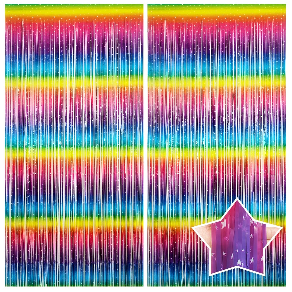 2 Pack Macaron Gradient Rainbow Foil Fringe Curtain with Star Pattern, 3.3x6....