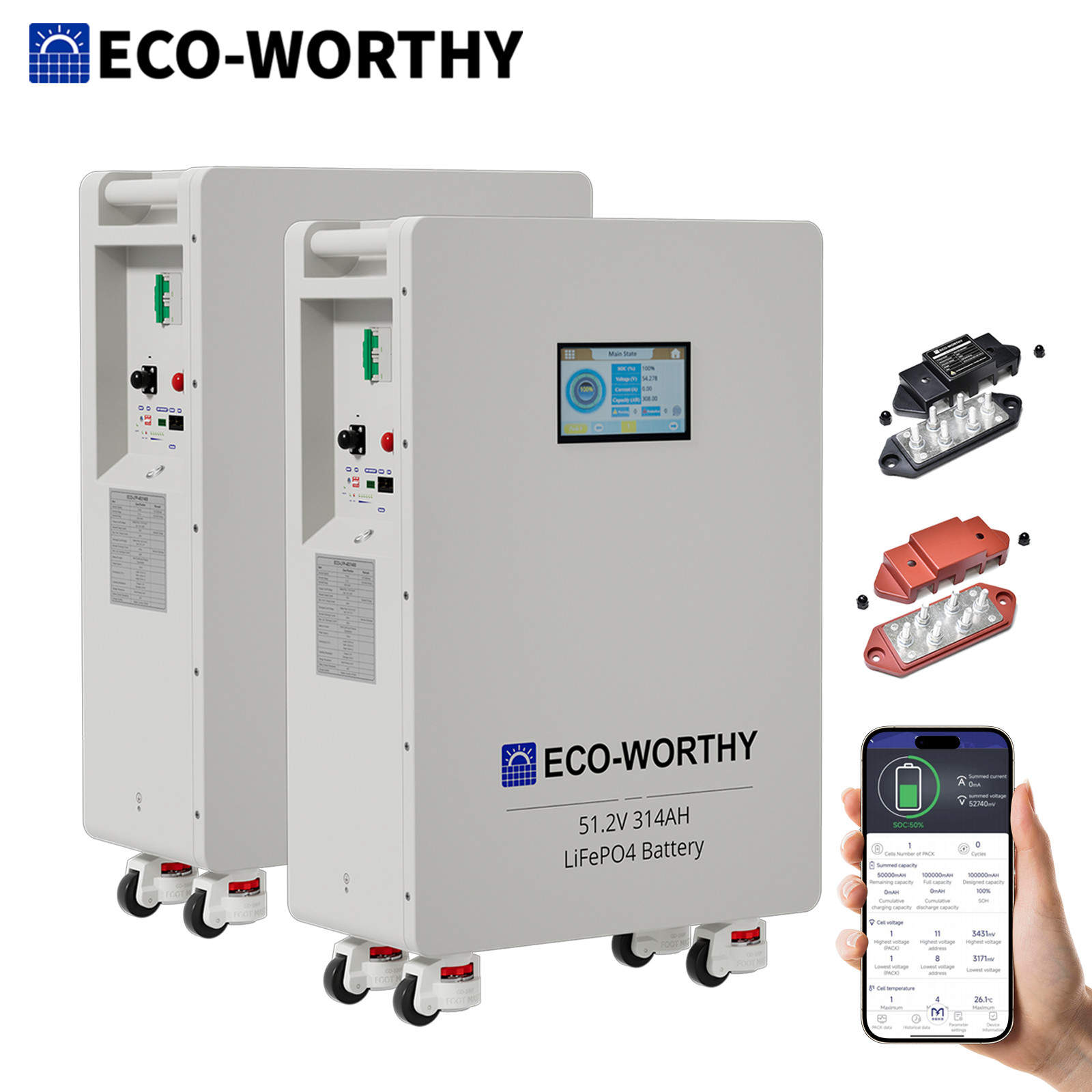 ECO-WORTHY 32.15kWh 2Pack 48V 314AH LiFePO4 Battery Vertical Standing Backup