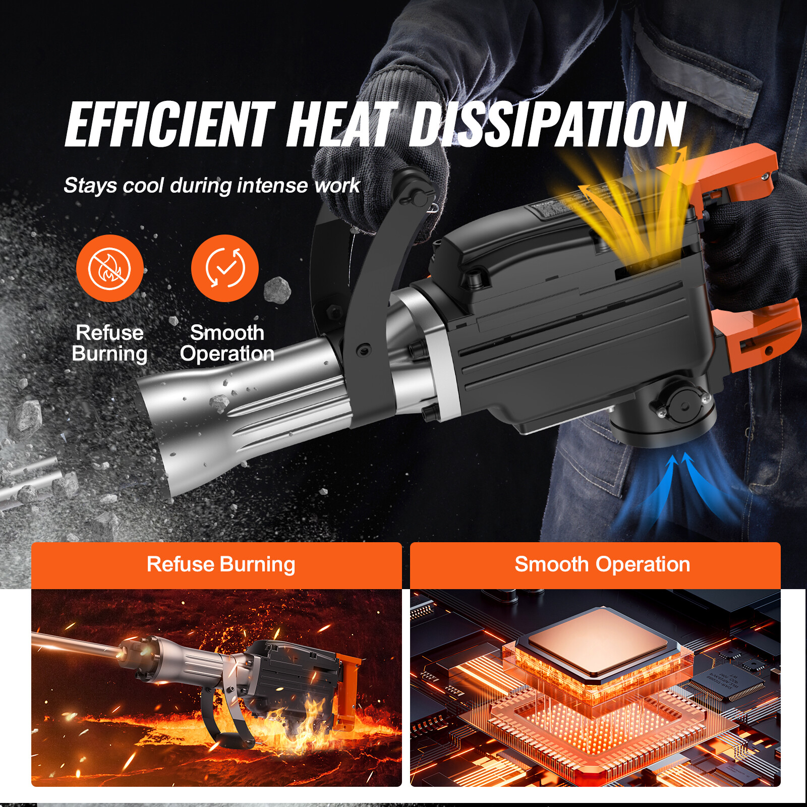 VEVOR Demolition Jack Hammer Concrete Breaker 2200W Hammer 6 Chisel Bits Black