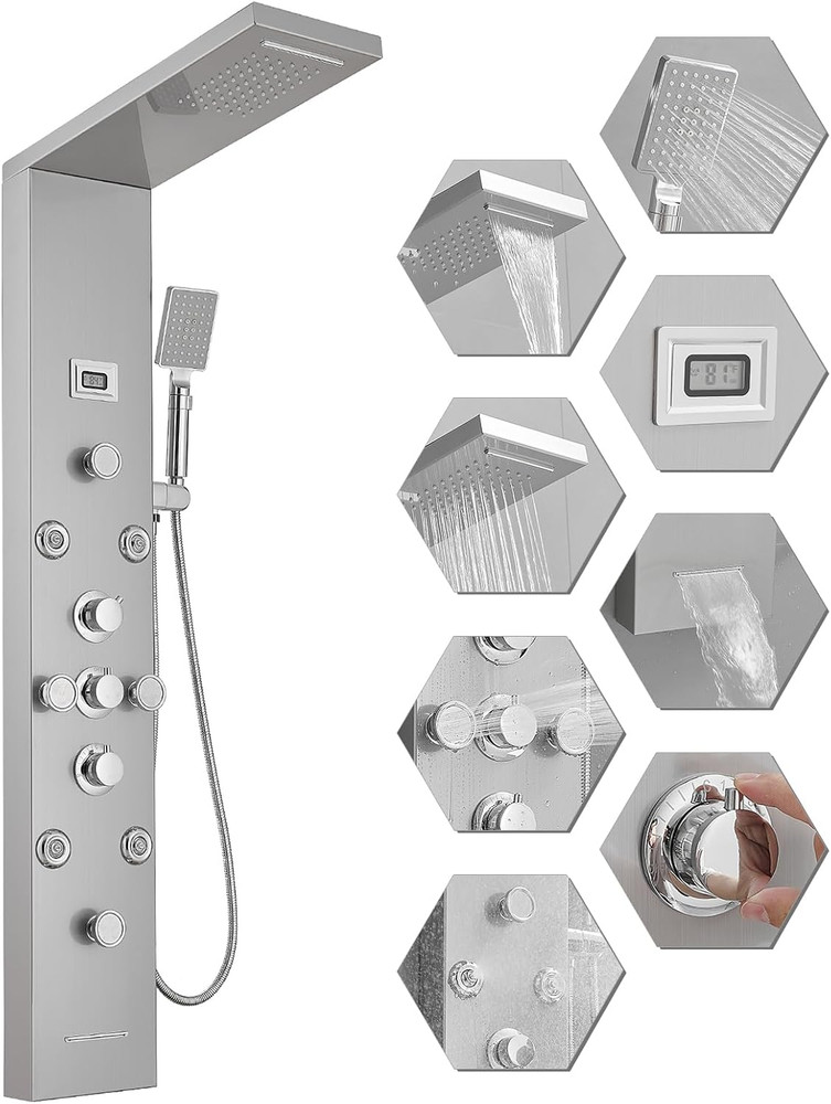 Shower Panel Tower System with Rainfall Waterfall Head and Adjustable Massage Bo