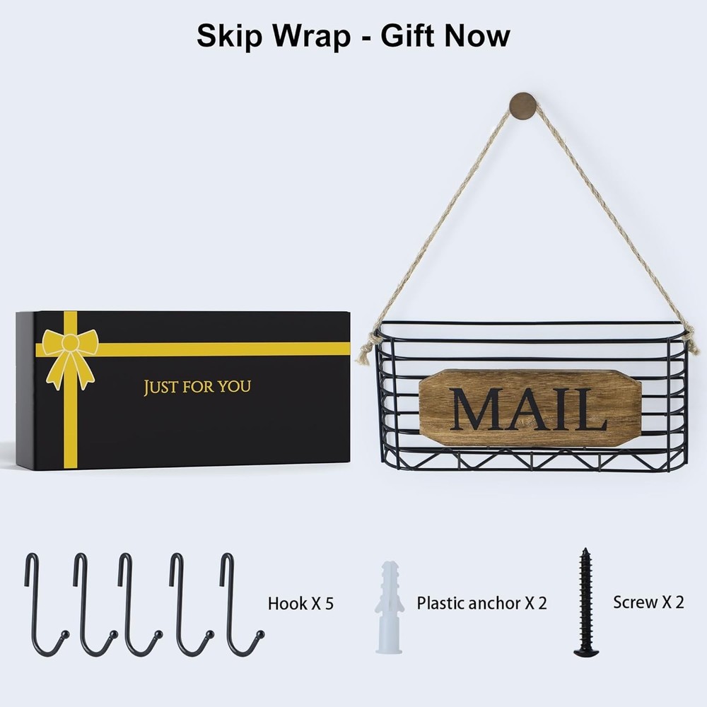Elegant Rustic Mail Holder and Key Organizer with Hooks - Space Saving Design