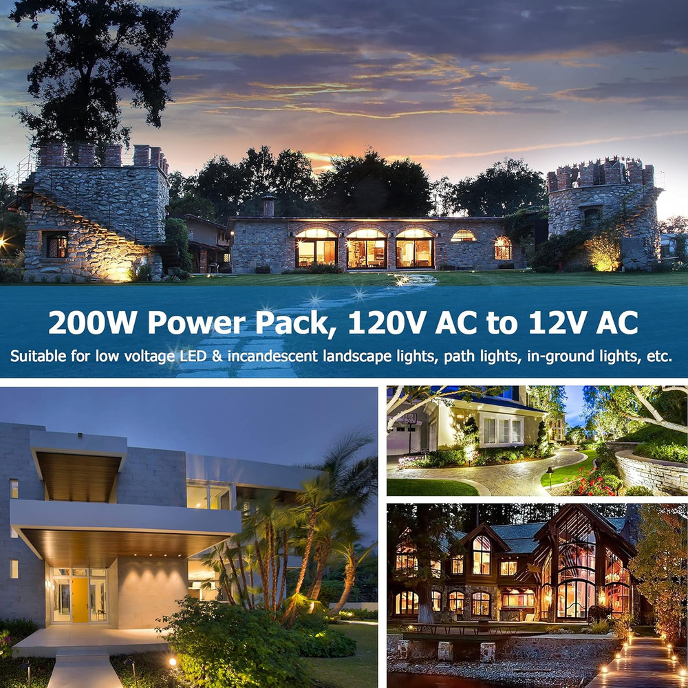 200W Low Voltage Landscape Lighting Transformer with Timer and Photocell Sensor
