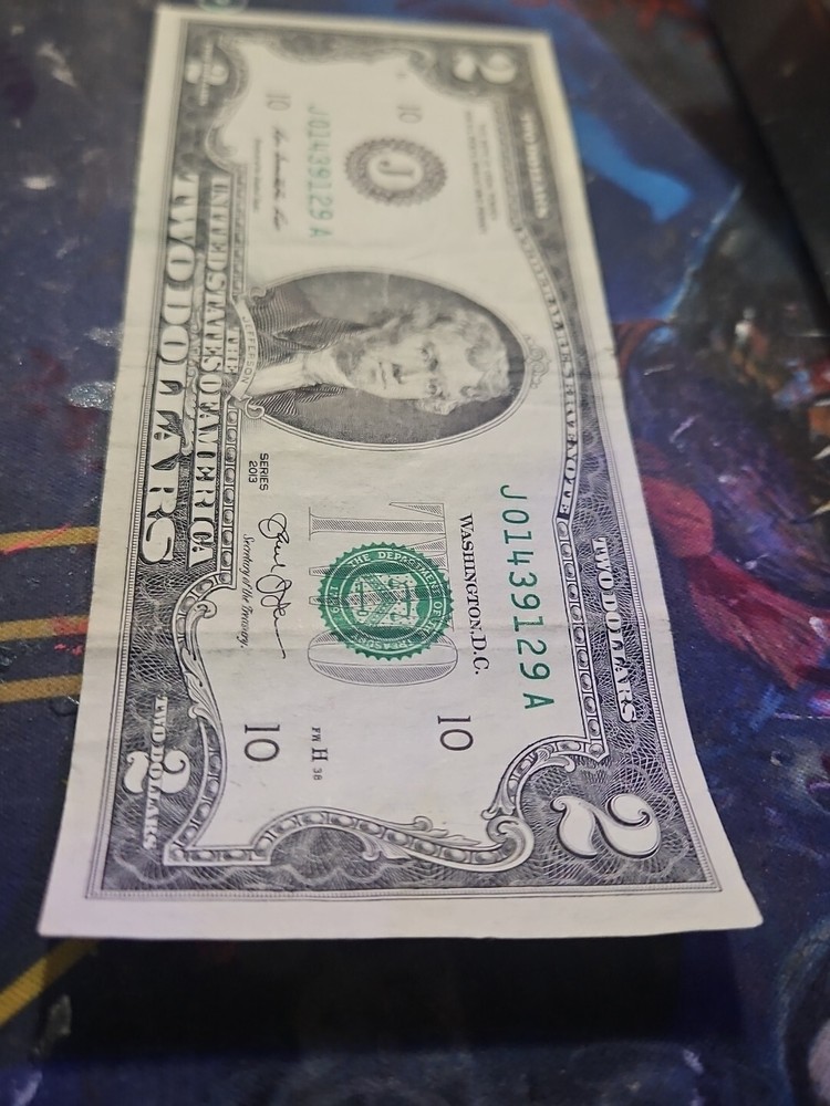 2013 $2 Dollar Bill Note Miscut/ Misaligned Error LOW SERIAL NUMBER #J01439129A