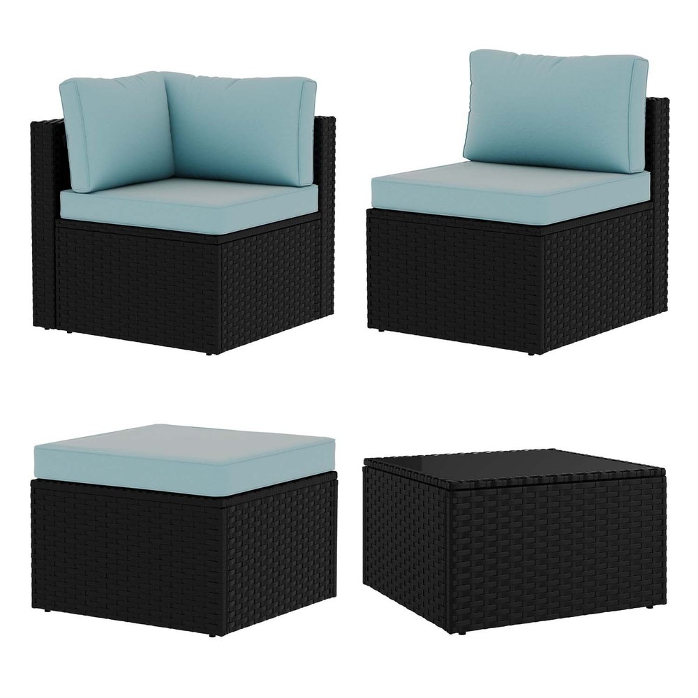 3-Piece Black Rattan Conversation Set Sofa Ottoman Table Blue