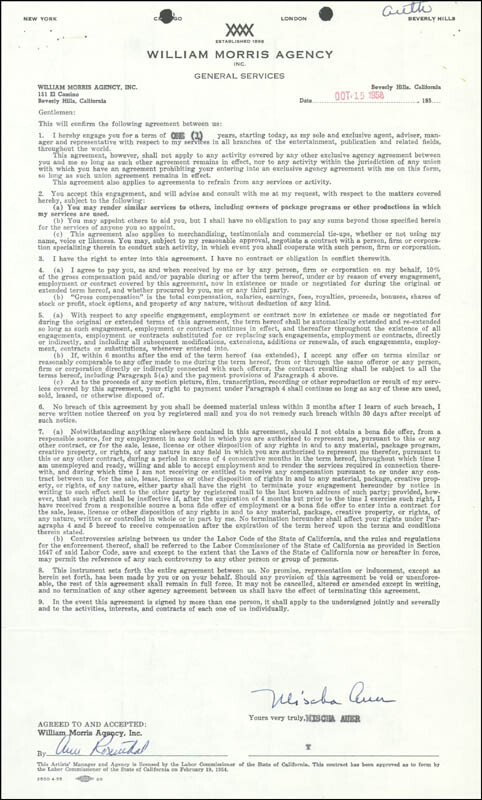 MISCHA AUER - CONTRACT SIGNED 10/15/1958