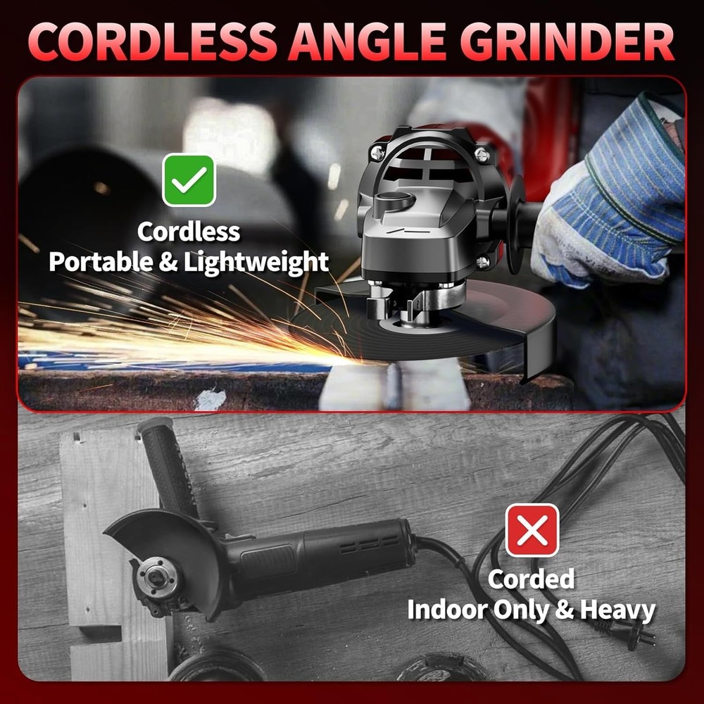 Versatile Cordless Angle Grinder with Cutting Wheels and Battery Indicator