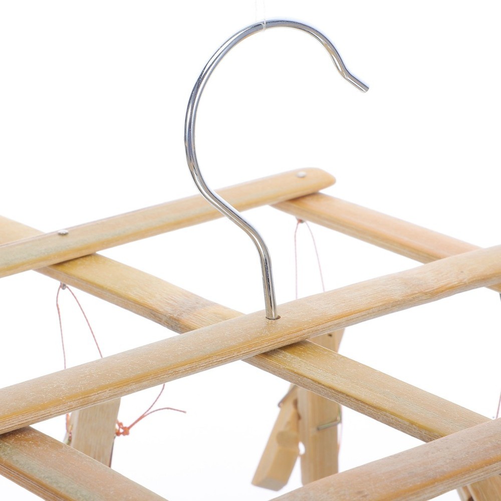 Bamboo Laundry Drying Rack With Windproof Clothespin Hooks