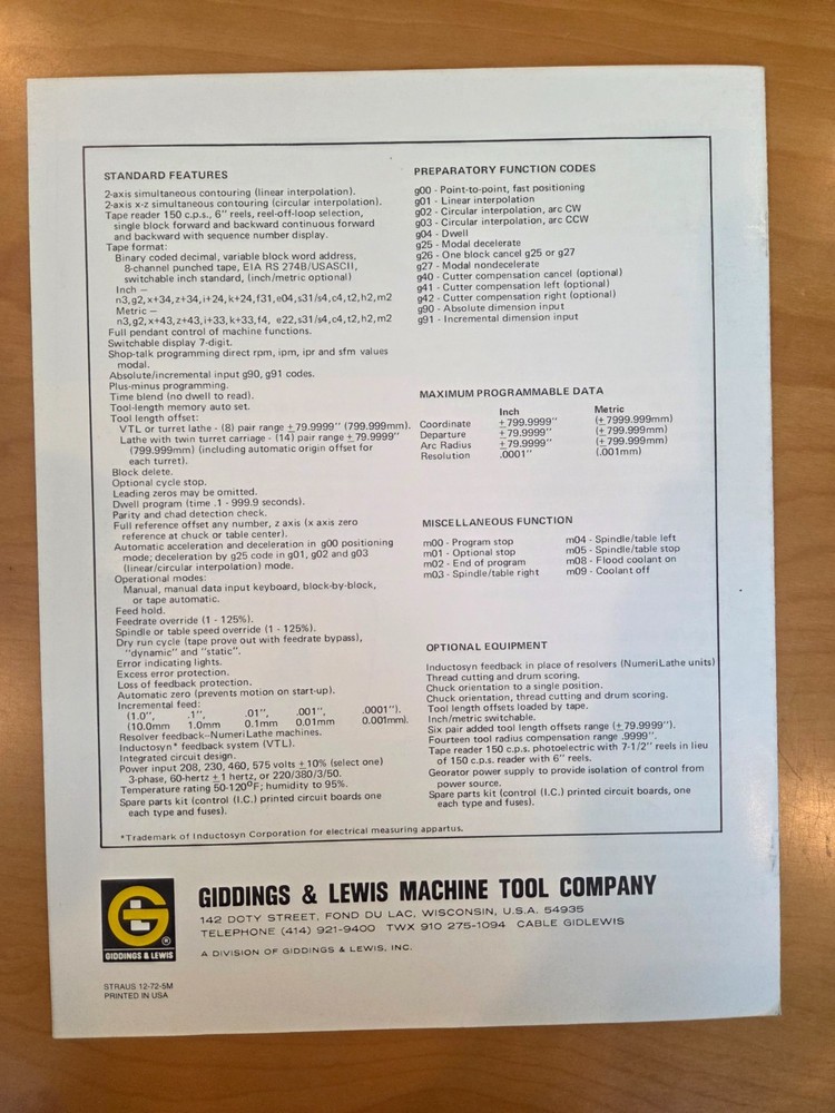 GIDDDINGS & LEWIS NumeriPath 80-L Process Computer Control Sales Brochure 1972