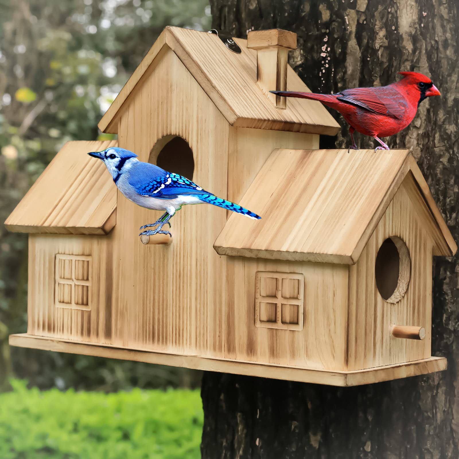 Bird Houses for Outside,Outdoor 3 Hole Bird House Room for 3 Bird Families