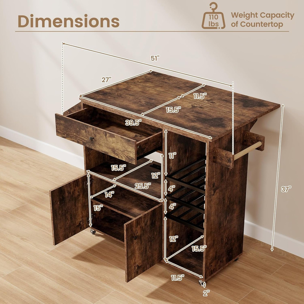 Rustic Brown Rolling Kitchen Island Cart with Drop Leaf & Storage Solutions