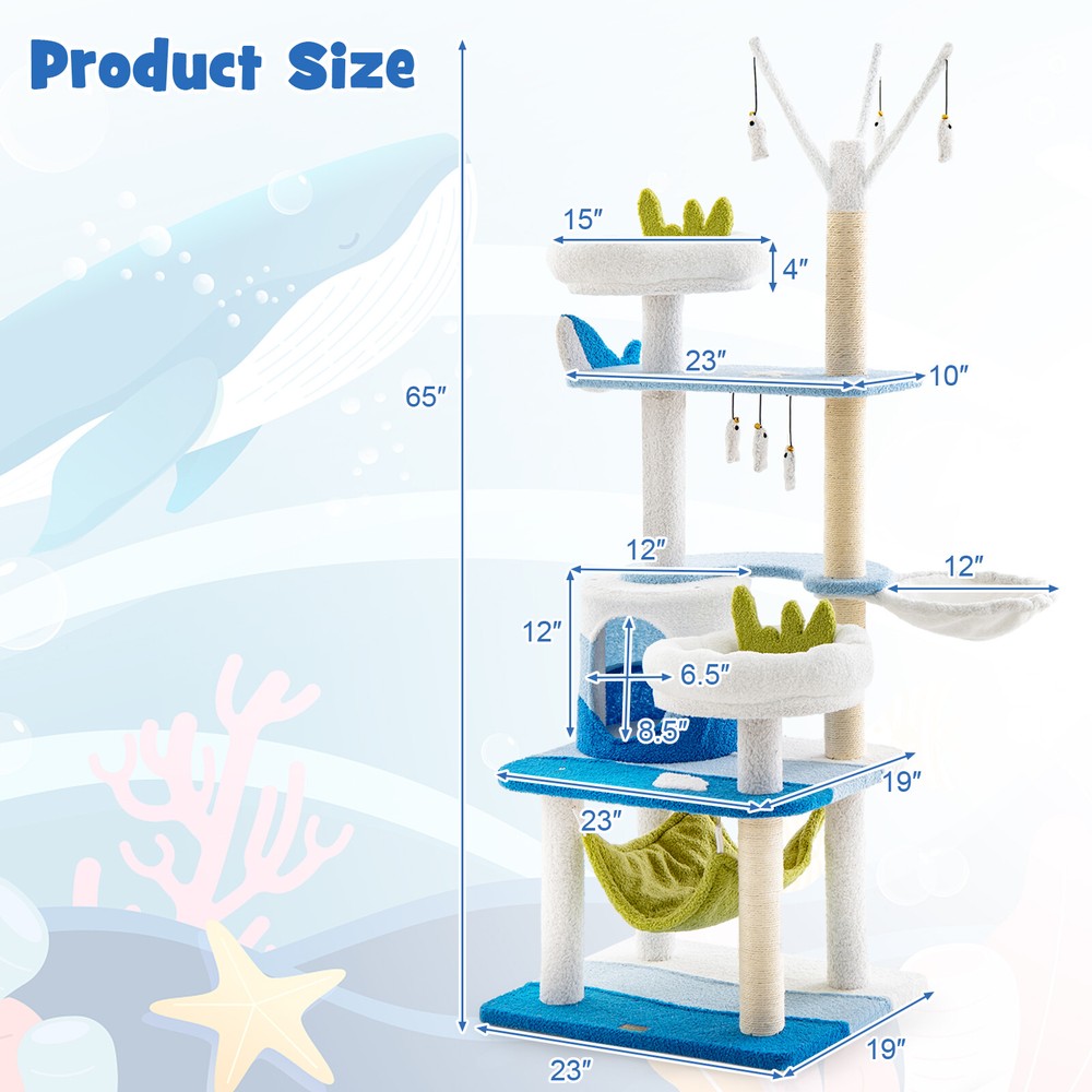 Ocean-themed Cat Tree Multi-level w/Sisal Scratching Posts Dangling Toys Hammock