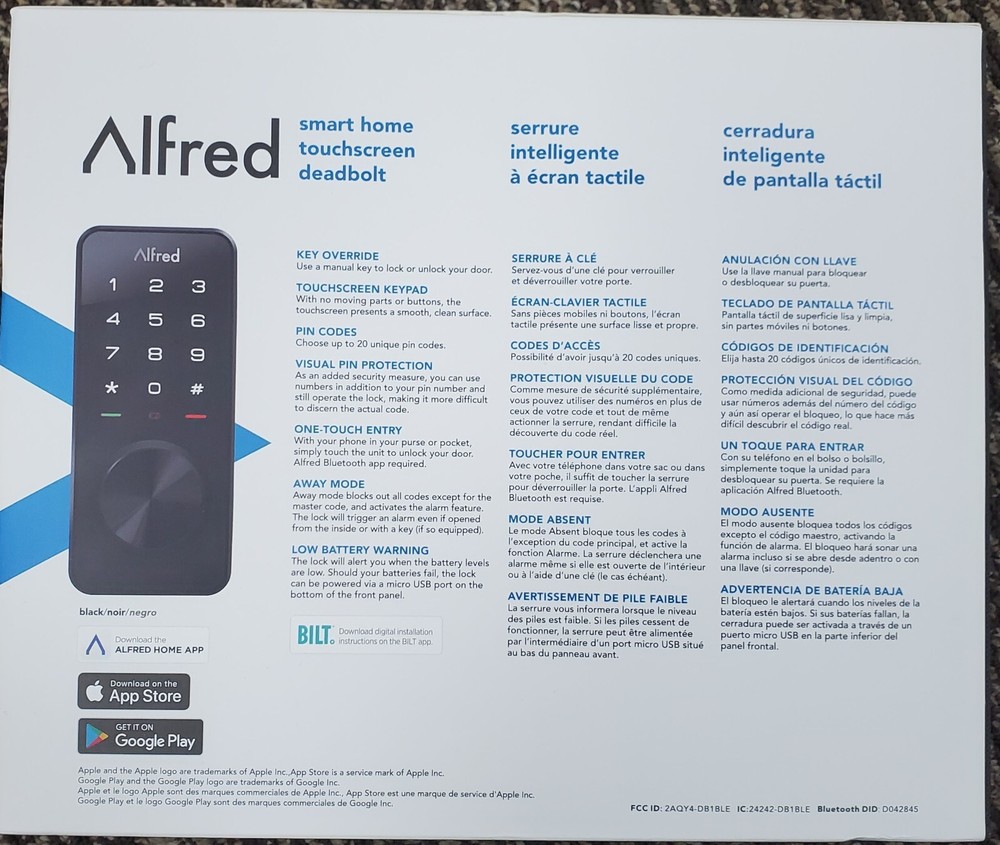 Alfred DB1-A Touchscreen Smart Door Lock with Bluetooth & Key Override Sealed