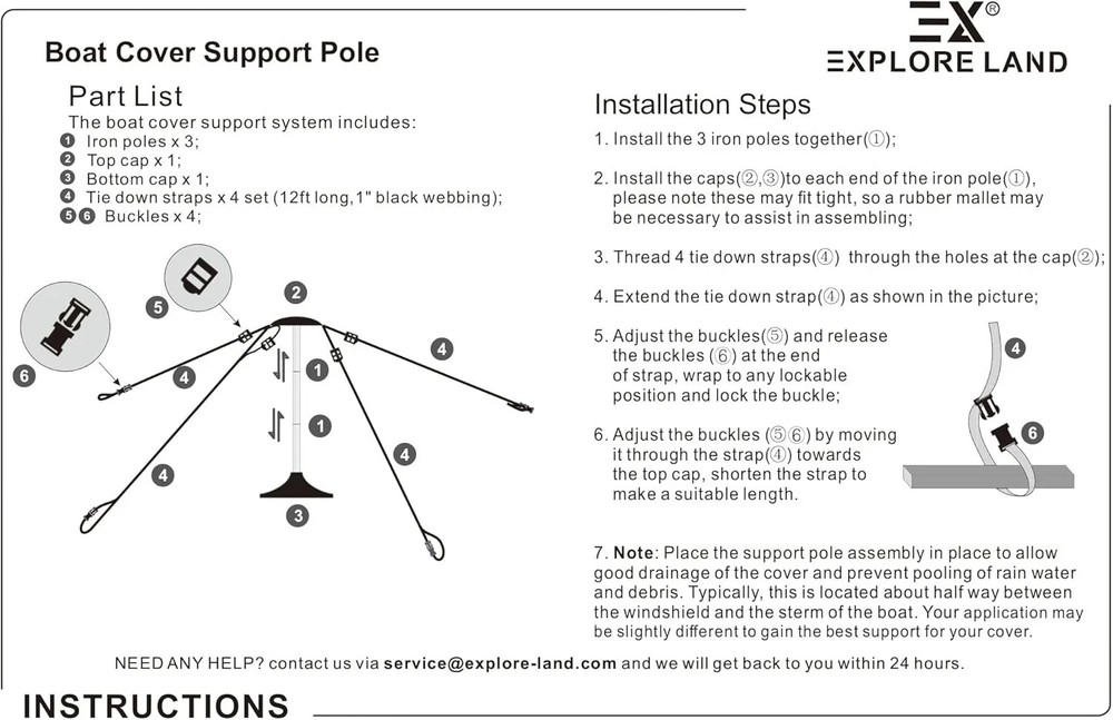 Explore Land Adjustable Boat Cover Support Pole 3 Pieces Pole, Black