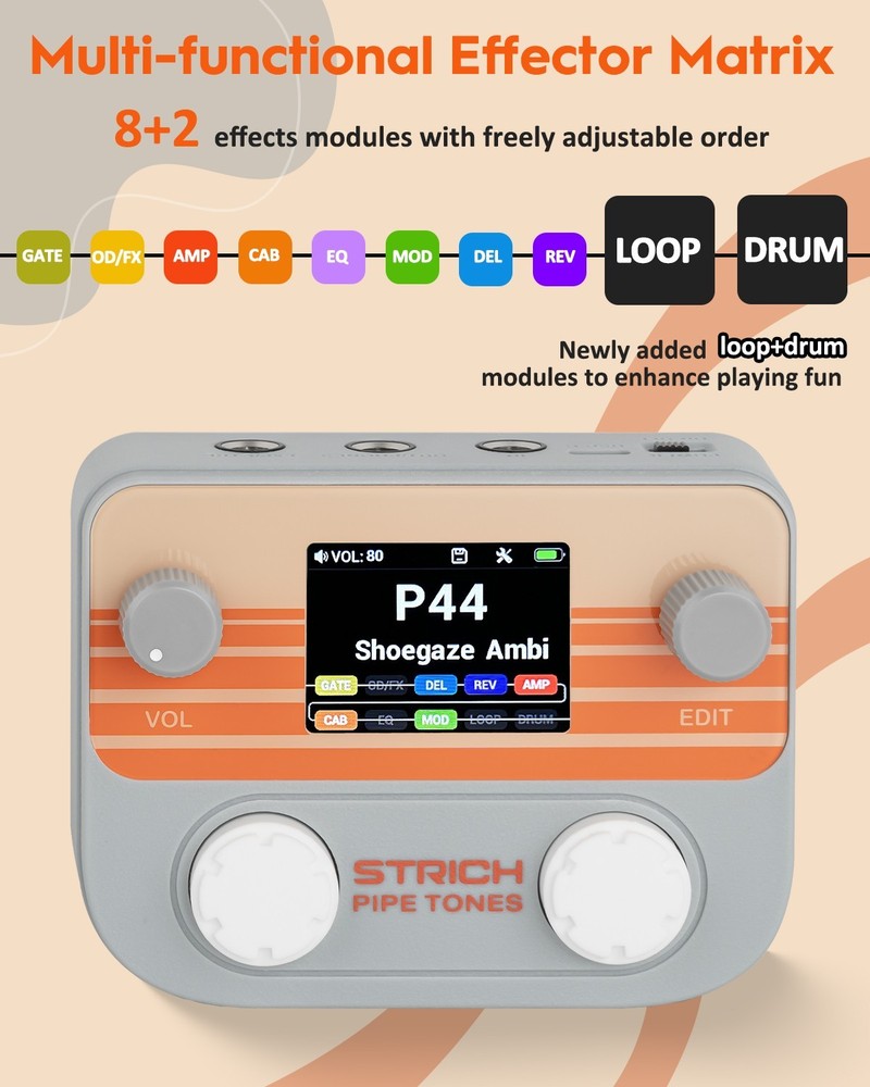 STRICH Pipe Tones Pocket Multi-Effects Processor for Guitar and Bass (Gray)