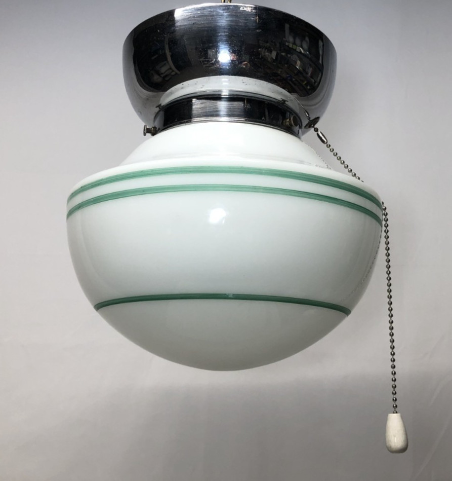 Antique Ceiling Light Chrome Fixture Art Deco Green Glass Shade Stripe USA #K92