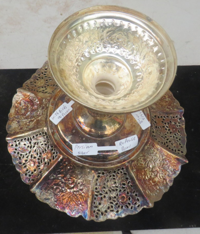 ANTIQUE SOLID SILVER PERSIAN PEDESTAL SOLID SILVER BOWL FLORAL-LIKE DESIGNS
