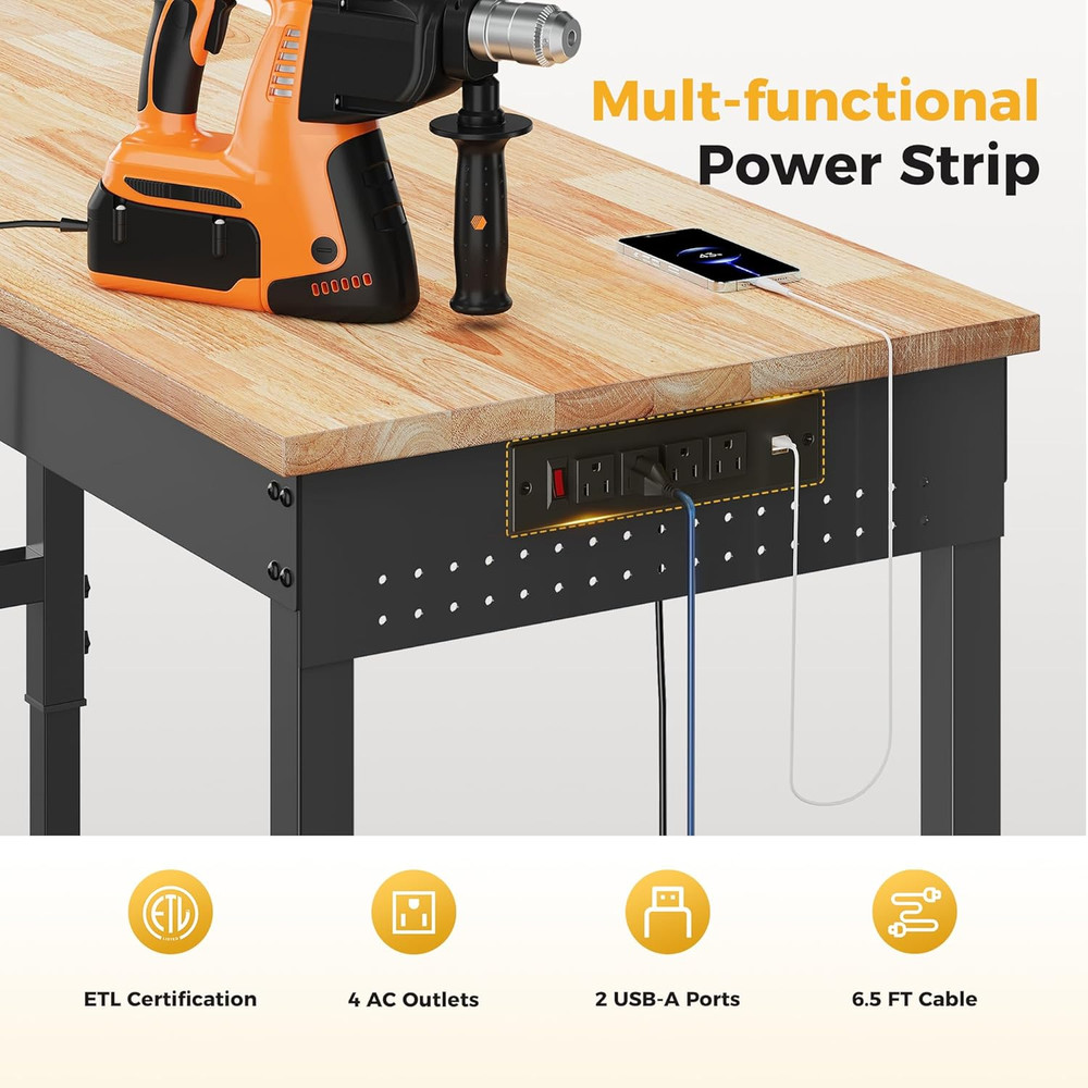 60" Adjustable Heavy Duty Workbench, 2000 LBS Load Capacity Rubber Wood Work Tab