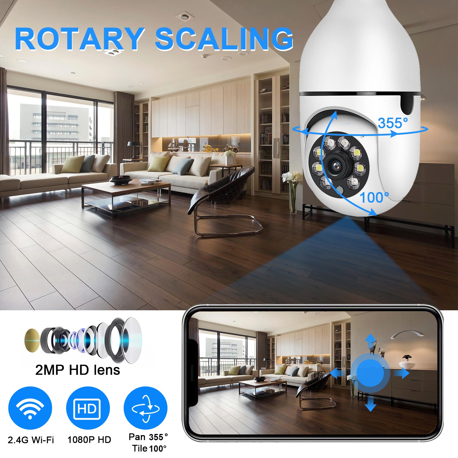 2MP IP E27 Light Bulb Camera 1080P Wi-Fi IR Night Smart Home Wireless Security