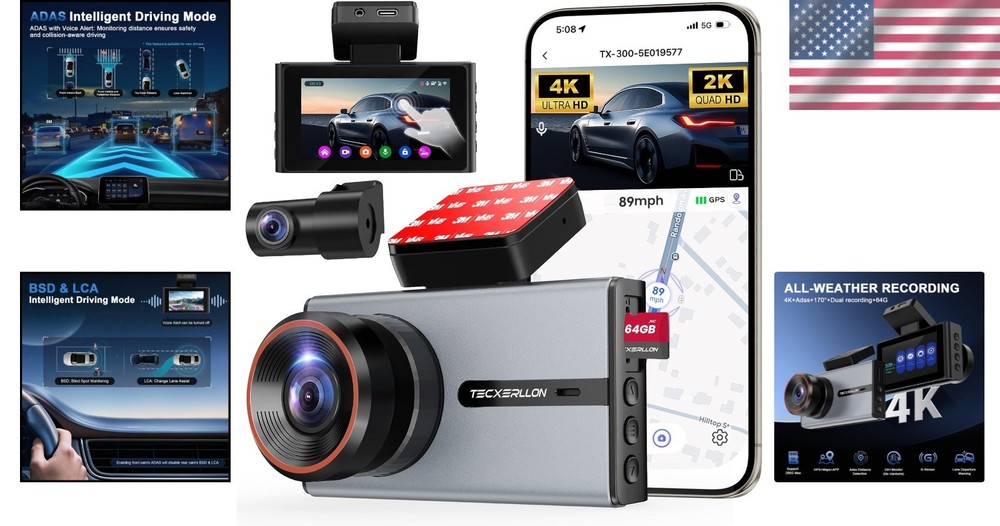 Advanced 4K Dash Camera with Touchscreen, Night Vision & 64GB Card - Easy Setup