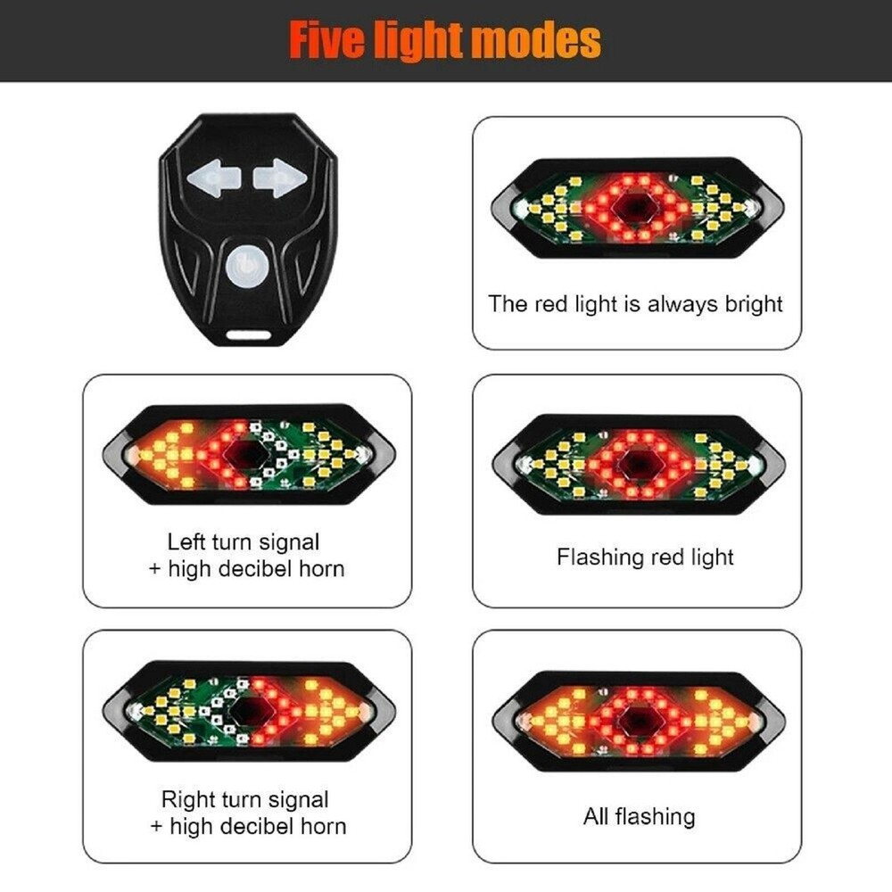 Bicycle Tail Light USB Wireless Remote Control Turn Signal Warning Lamp+Horn