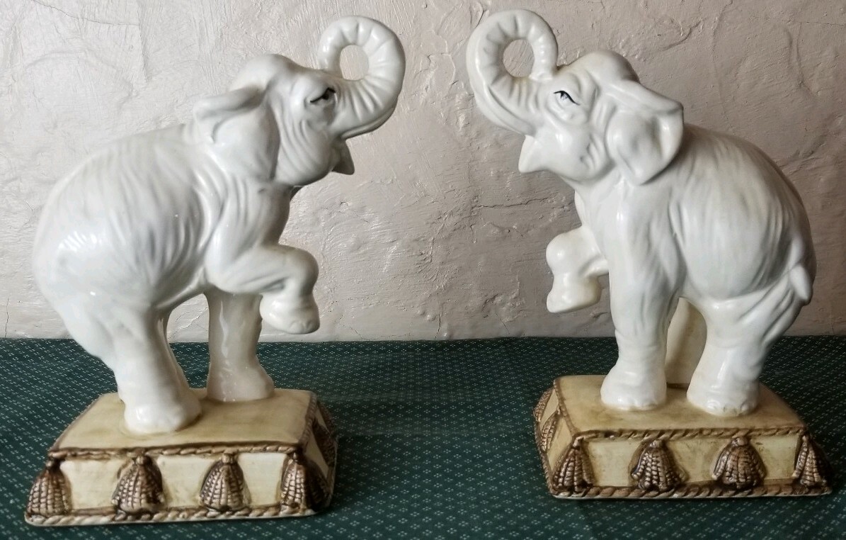 Vintage Ceramic Elephants White Trunk Up Foot Up Figurine 7.5" High