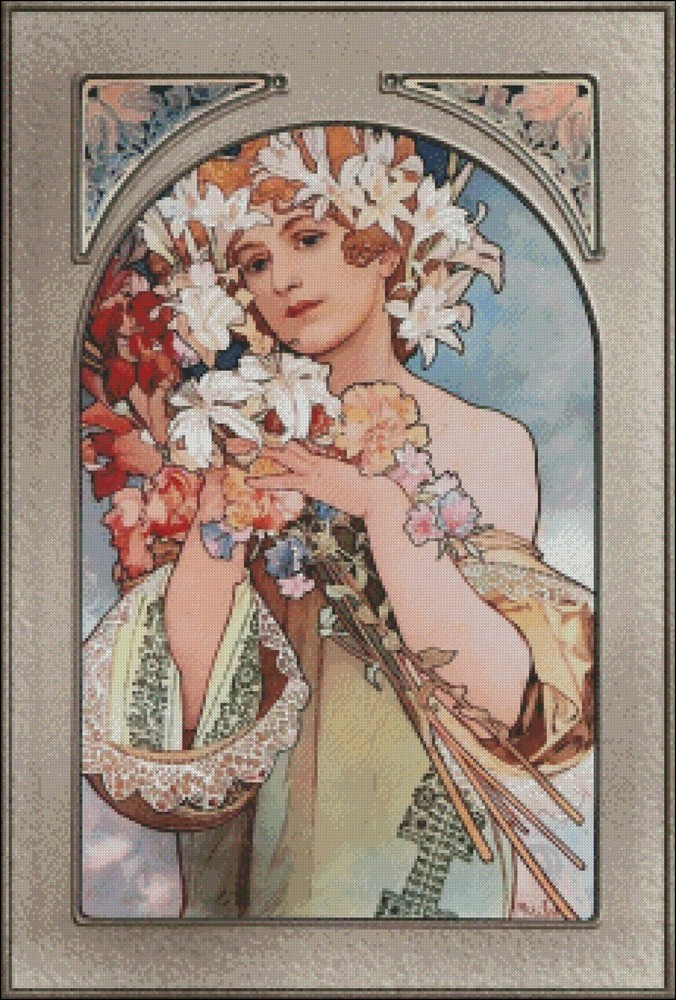 Flower - Alphonse Mucha - DIY Chart Counted Cross Stitch Patterns Needlework