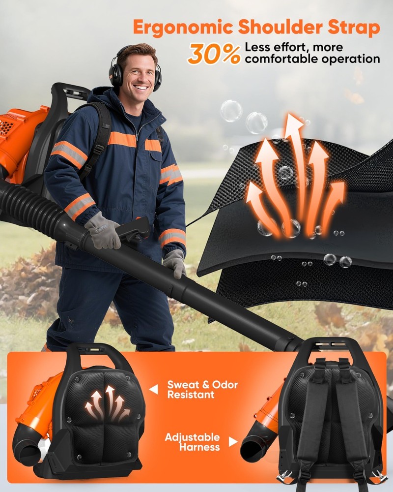 Backpack Leaf Blower Gas Powered Snow Blower 564CFM 216MPH 52CC 2-Stroke Engine