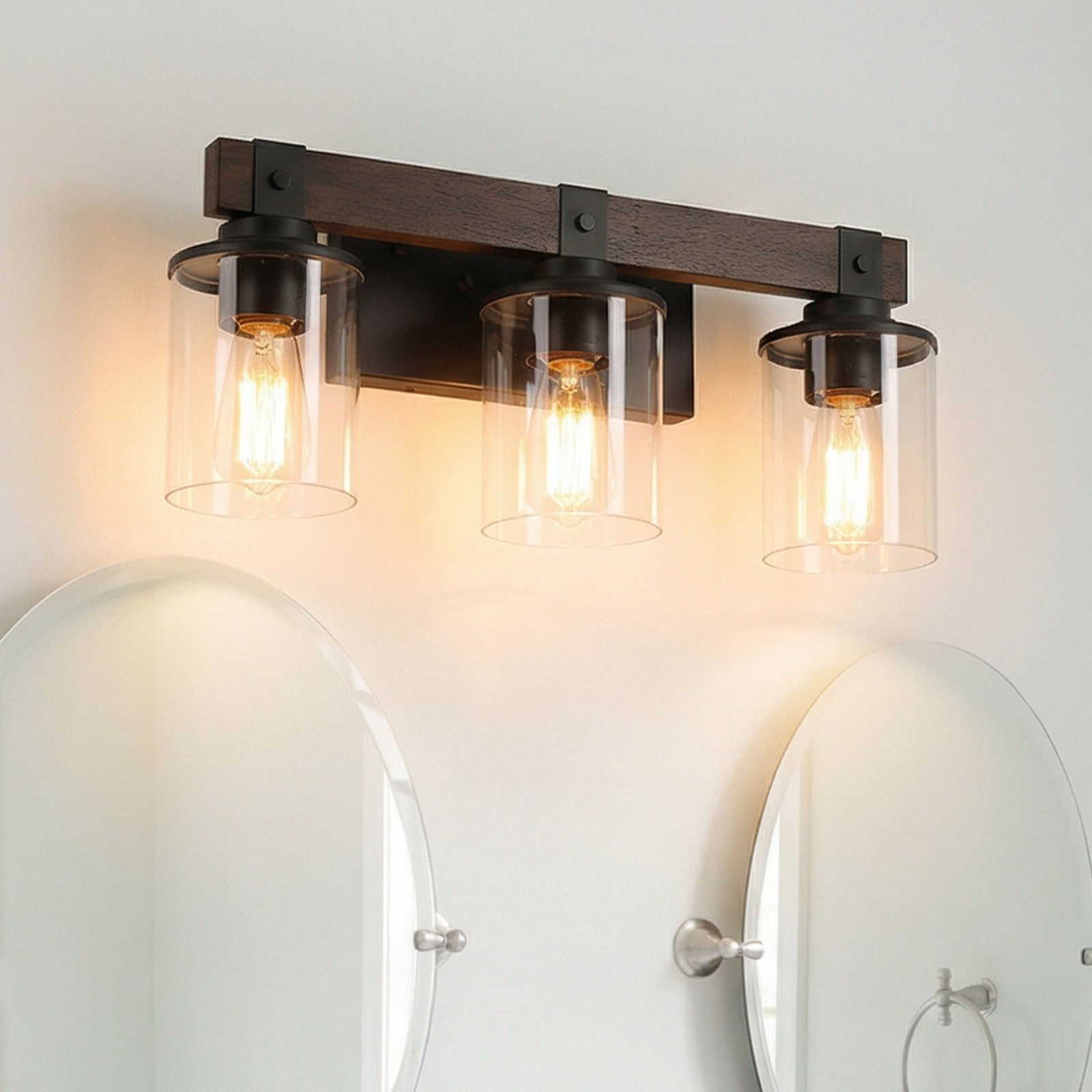 19" Vintage Vanity Light Bathroom Mirror Wall Lamp 3 Lights Rustic Wood Fixture