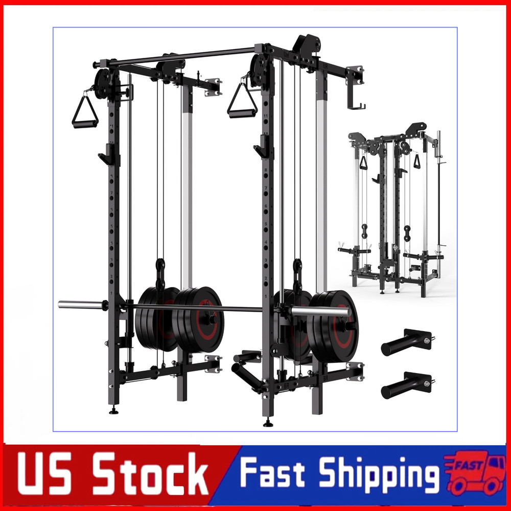 Garvee Folding Squat Rack Wall Mounted Power Rack W/ Pulley System & Pull Up Bar