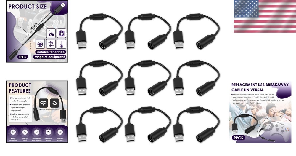 Reliable USB Breakaway Cable Set for Xbox 360 & Gaming Controllers - 9-Pack
