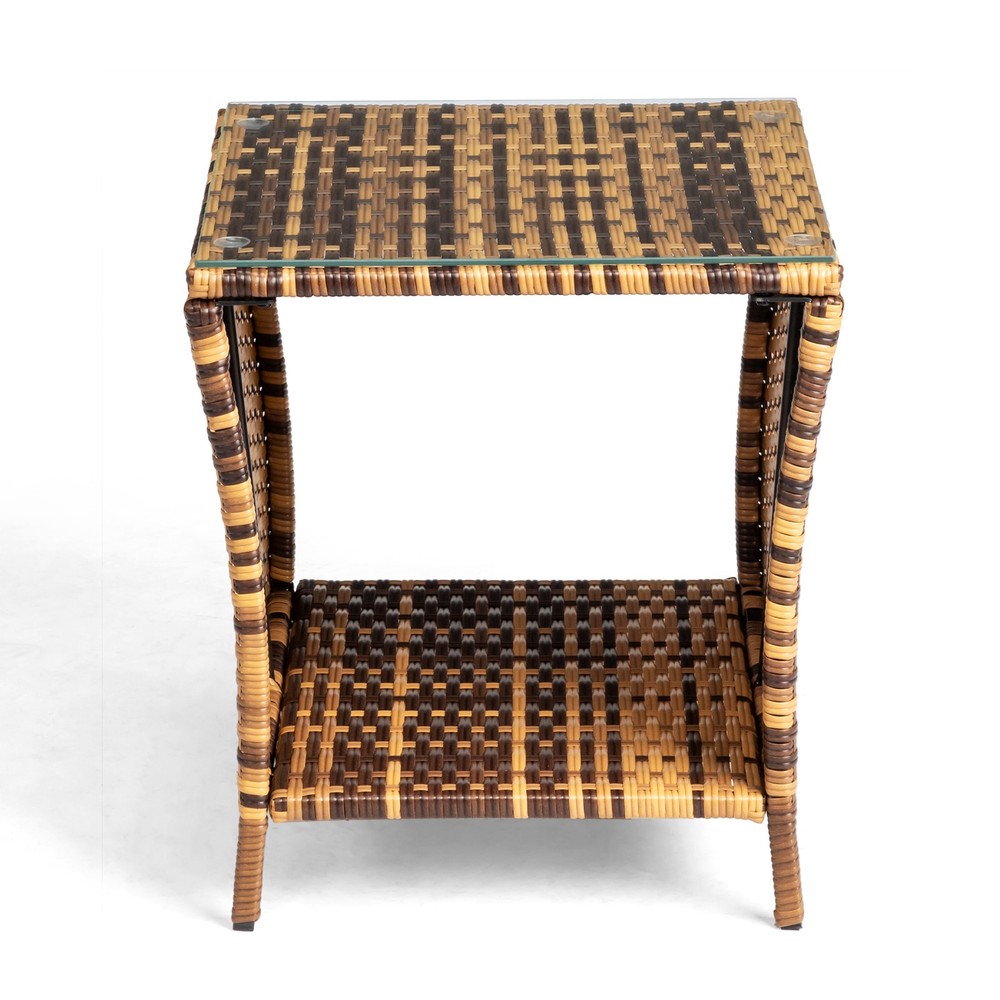 Glass Surface Yellow Gradient Iron Frame Rattan Side Table