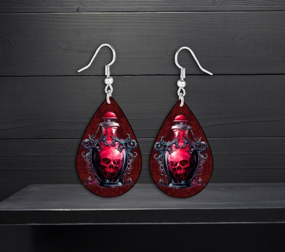 Red Poison Skull Teardrop Earrings