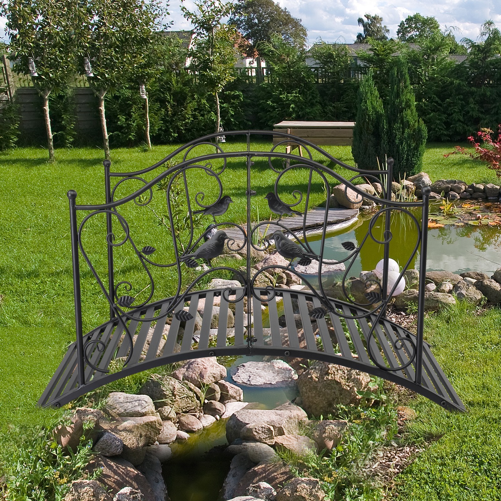 3.9FT Rustic Black Iron Bridge Courtyard Garden W/Bird Pattern Arched Handrails