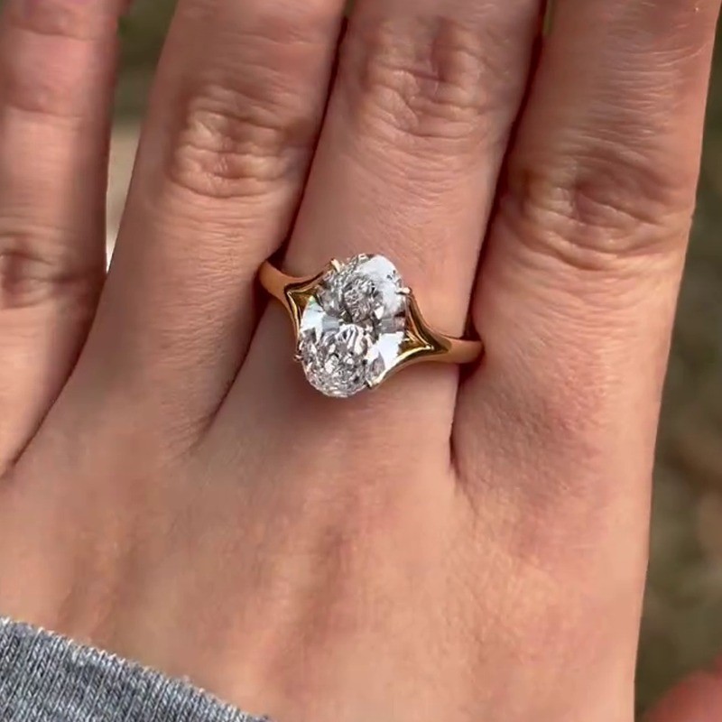 3.57 CTW Oval Cut Moissanite Hidden Halo Engagement Ring 14K Yellow Gold Plated