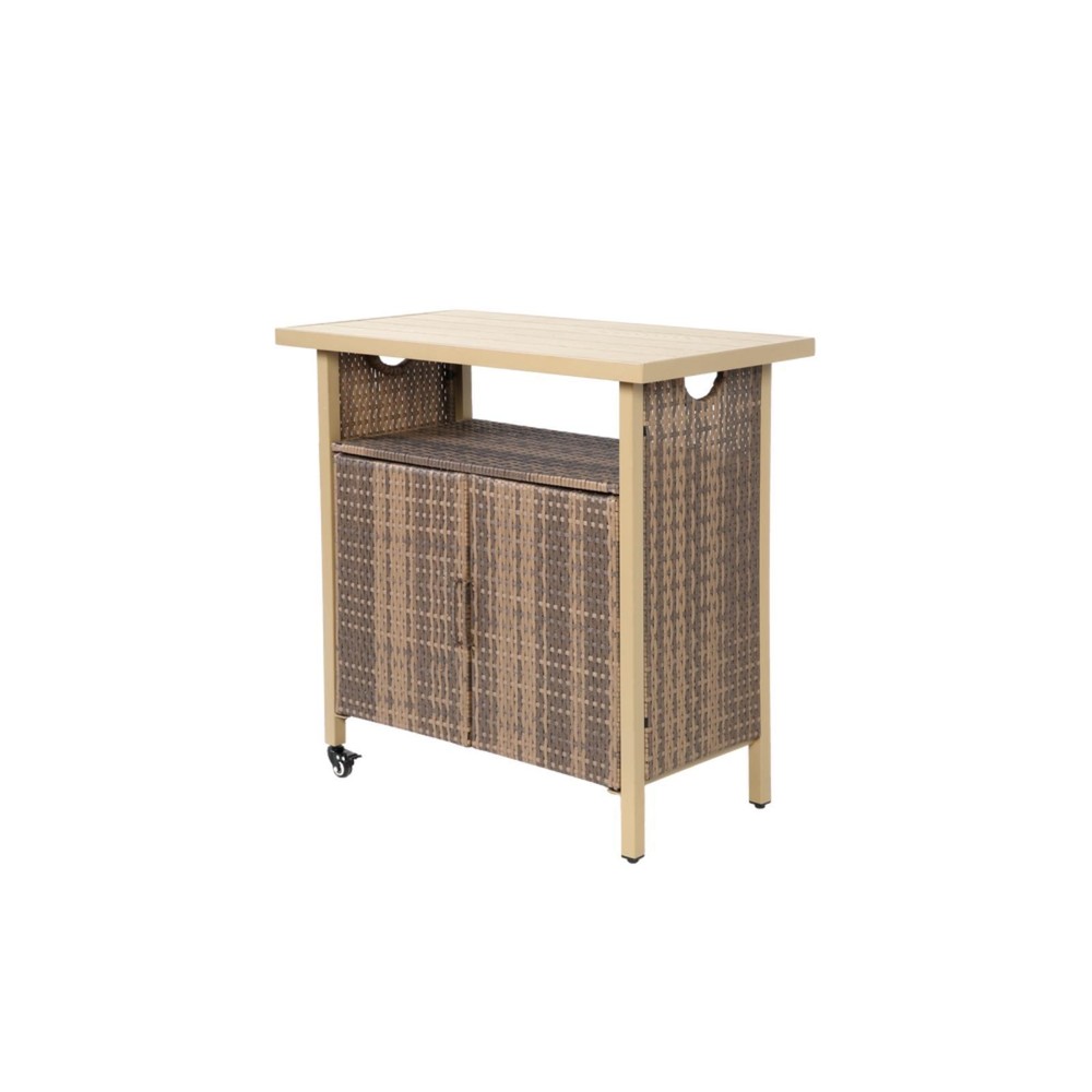 Multi-Function Wicker Bar Cart | Light Brown Rolling Rattan Table w/Wheels &