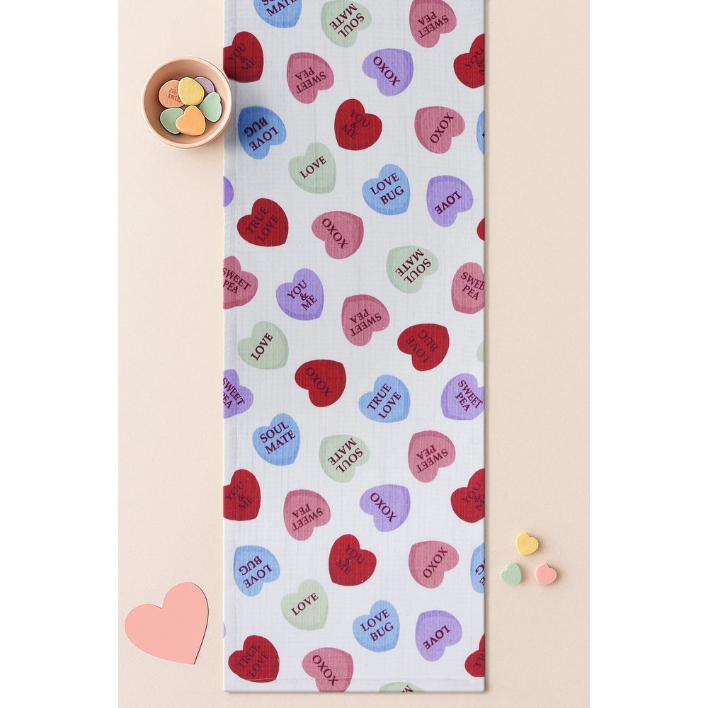 Conversation Hearts Table Runner - 14" x 72" - 100% Cotton, Multi-color