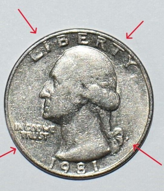 1981 P Quarter Filled Mint Mark Filled Lettering, Die Clash, DD Multi Error