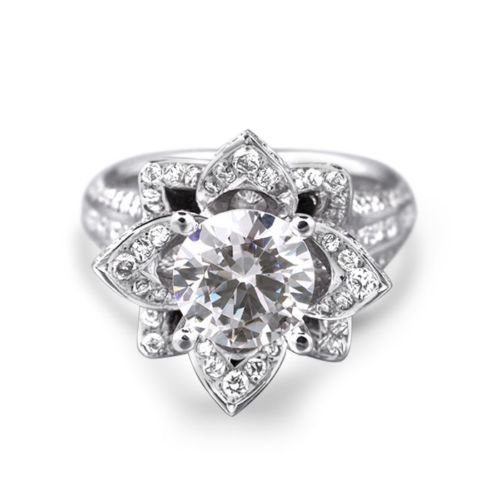 Lotus Flower 3.45Ct Diamond 14K White Gold Engagement Ring Simulated in Size 9.5