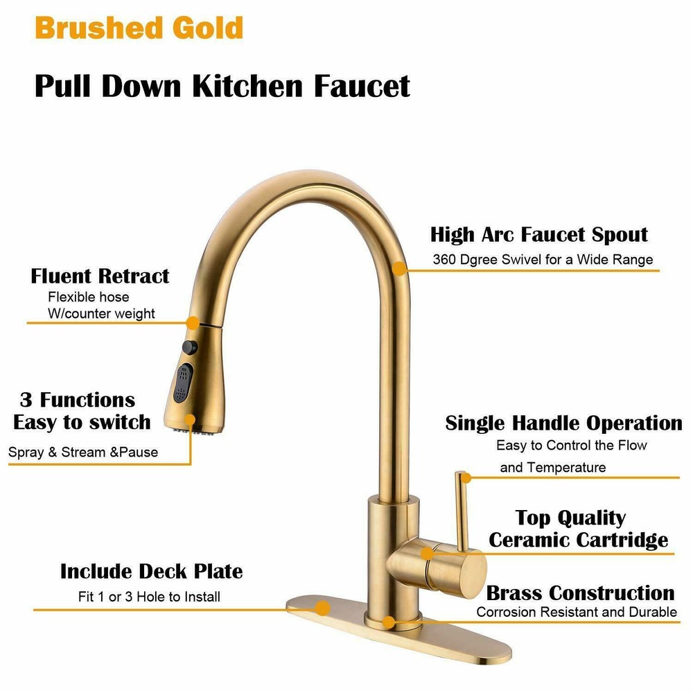 Brushed Gold Kitchen Sink Faucet Pull Down Sprayer Swivel Single Handle Mixer