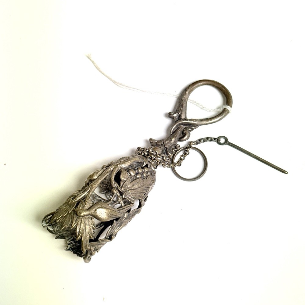 Antique Victorian Silver Chatelaine Clip Bird & Grapes Figural Pendant Accessory