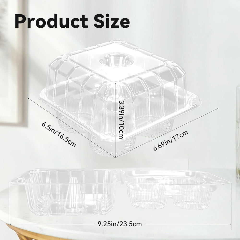 20 Pack 4-Compartment Cupcake Containers, Clear Plastic Cupcake Boxes, 4-Cavity