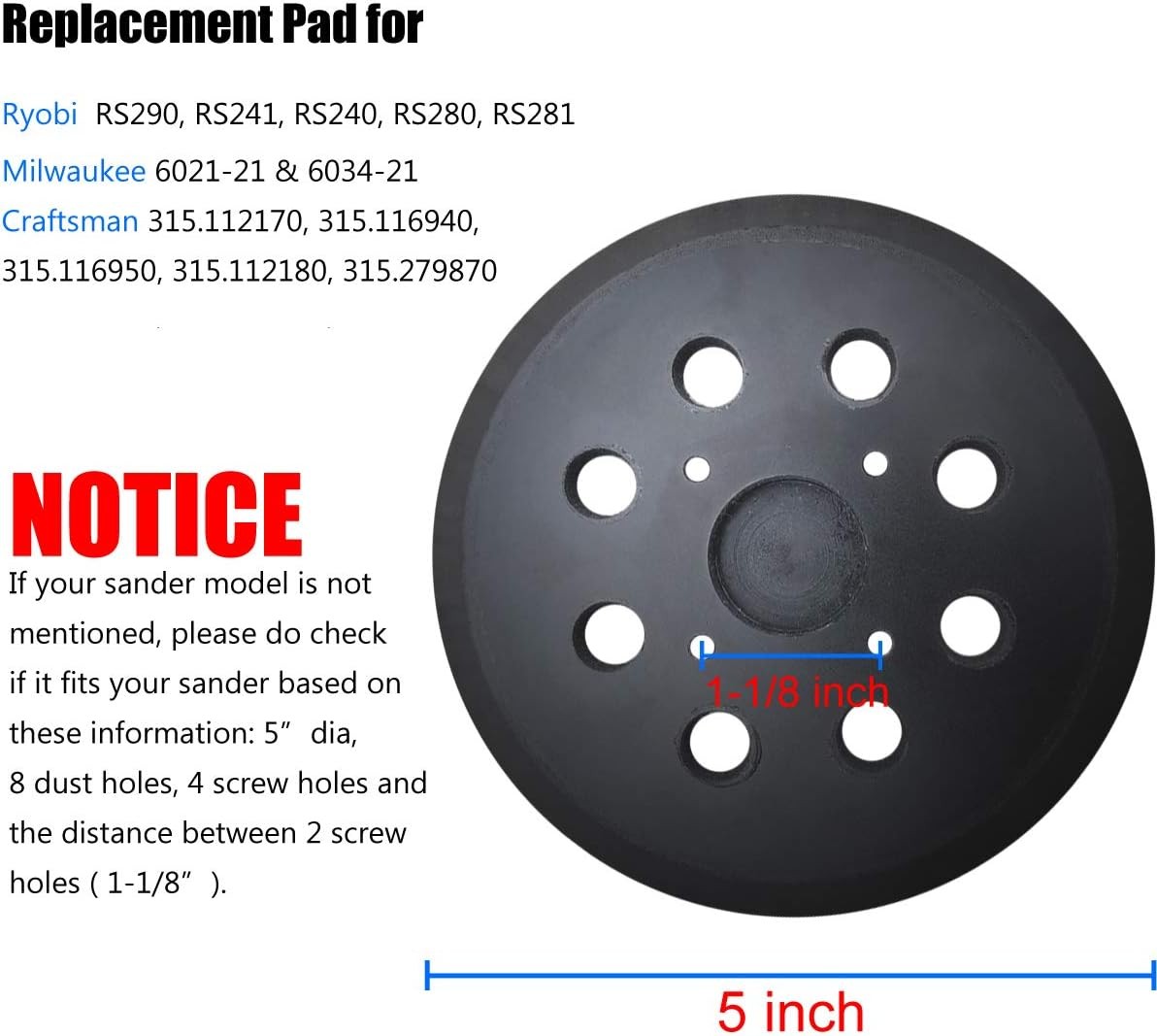 5" Universal Replacement Sander Pad for Ryobi RS290, RS240, 5 inches, Black