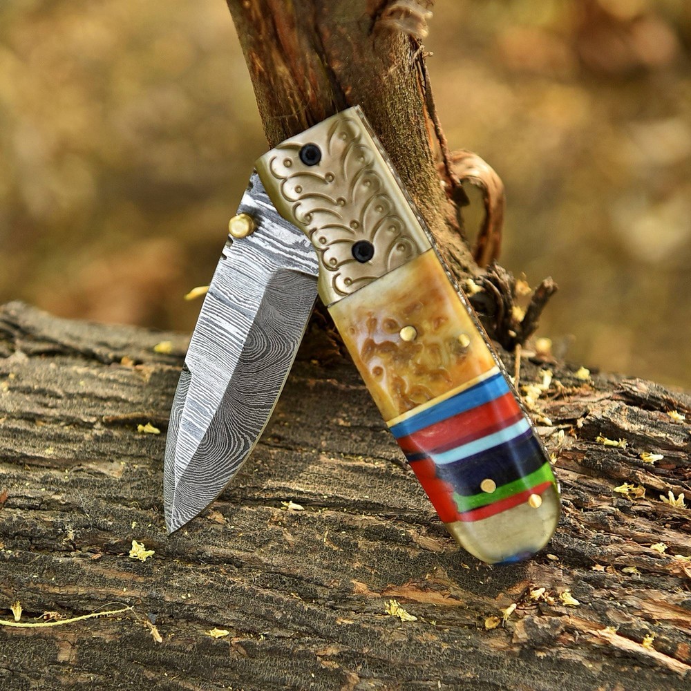 Custom Made Damascus Folding Blade Pocket Knife Case- Dagger - Double Edge