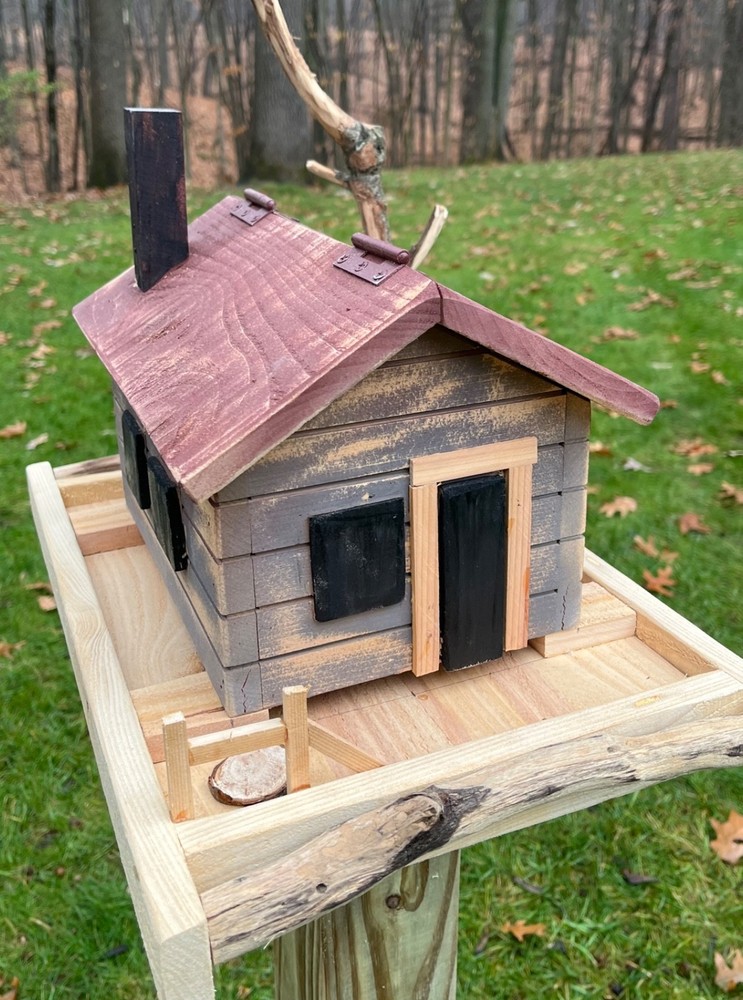 Rustic Log Cabin Bird Feeder W/ Branch Perch, Handmade