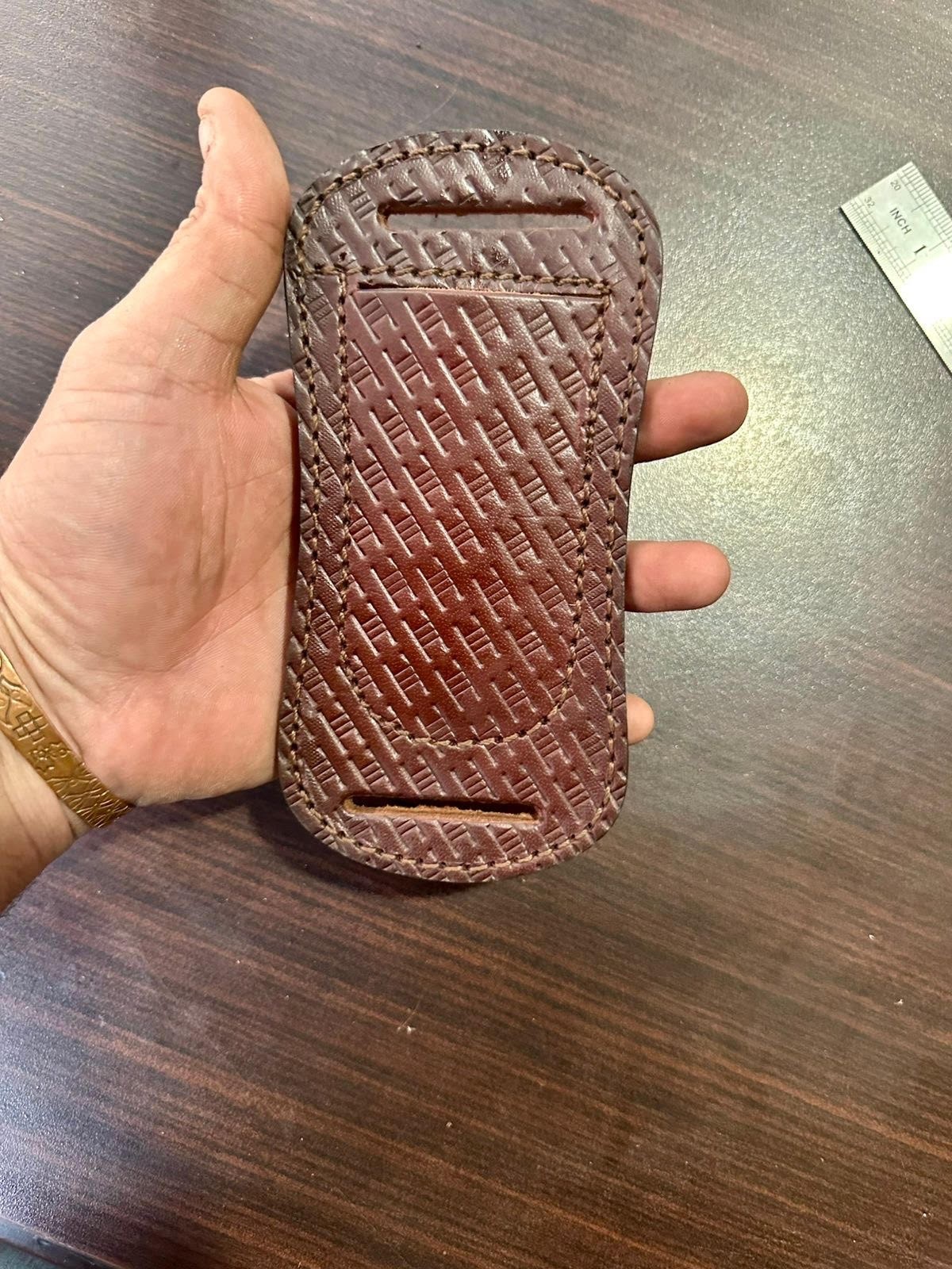 HAND MADE PURE LEATHER ENGRAVED HORIZONTAL SHEATH FOR FOLDING POCKET KNIFE 110