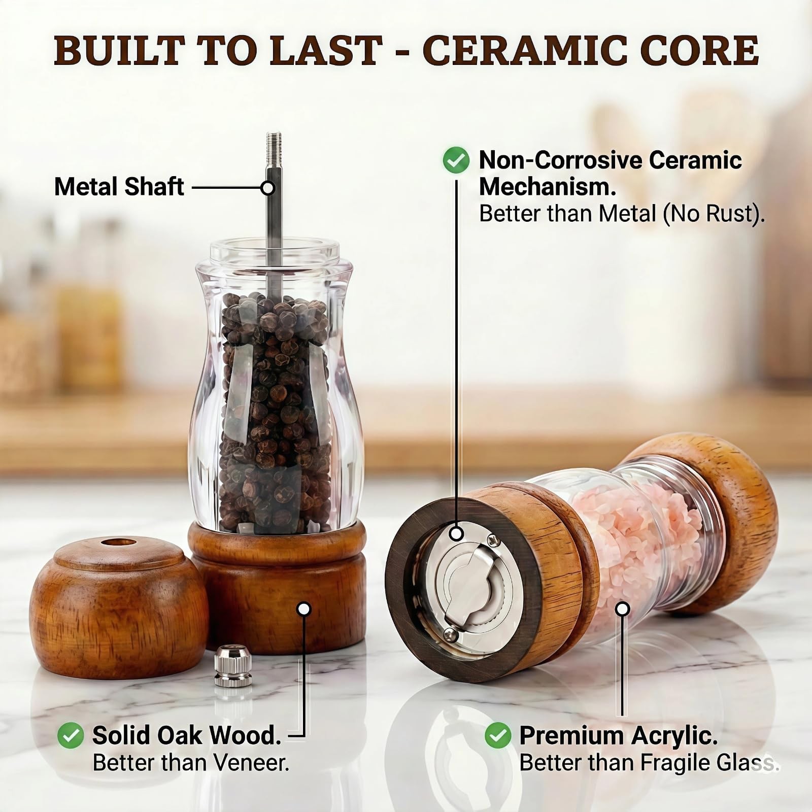 Wood Salt and Pepper Grinder Set 6.3in Adjustable Ceramic Mills w/ Tray