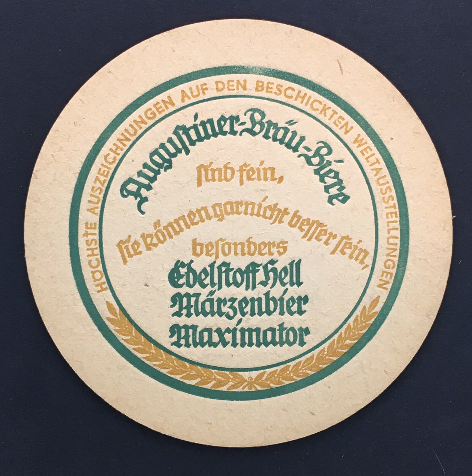 Vintage J.W. Augustiner Brau Bier German Beer Coaster Blue Green Gold
