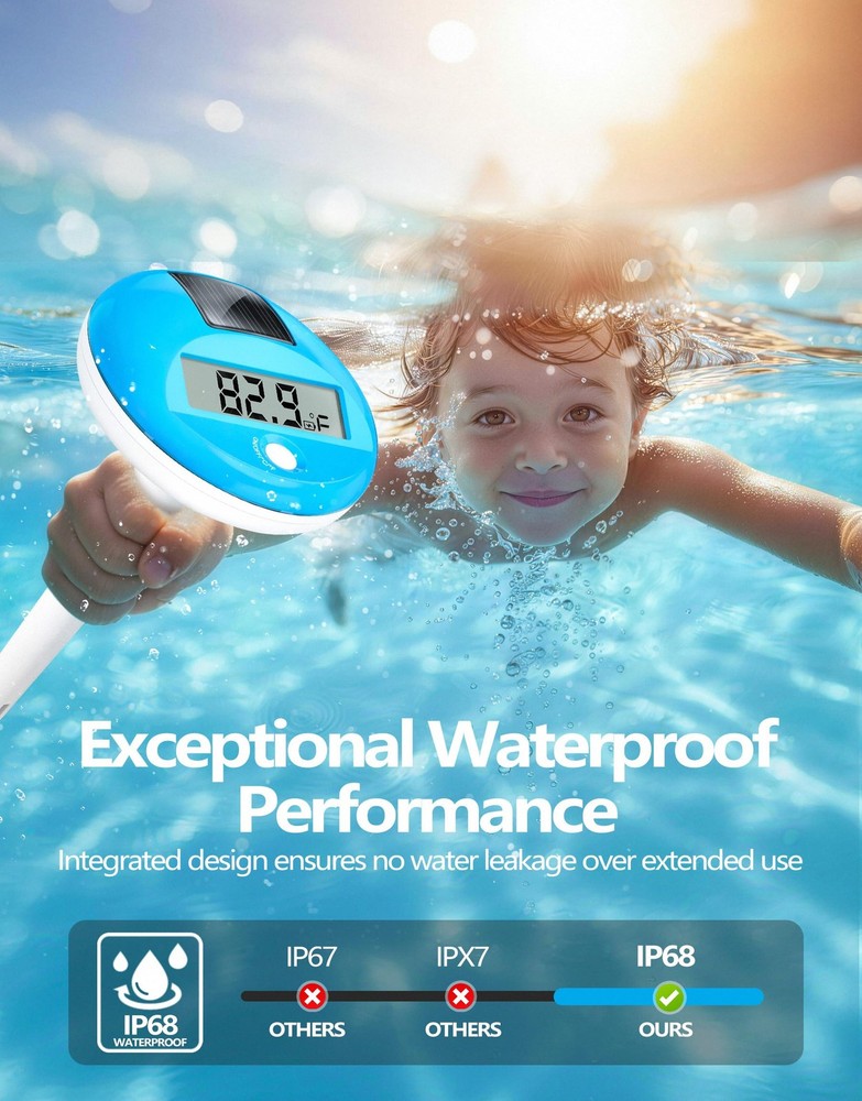 LuxBlue Floating Pool Thermometer Solar Powered | Large Compact, Light Blue