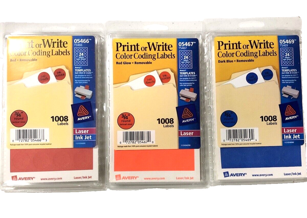 3 Pack Removable Color Coding Labels for Printer 3/4" Round 3,024 Labels Avery