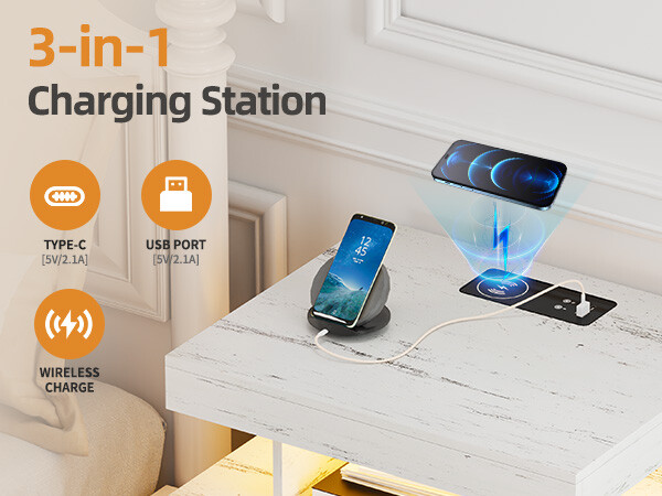 Farmhouse Night Stand with Gun Drawer, LED NightStand with Light & Human Sensor